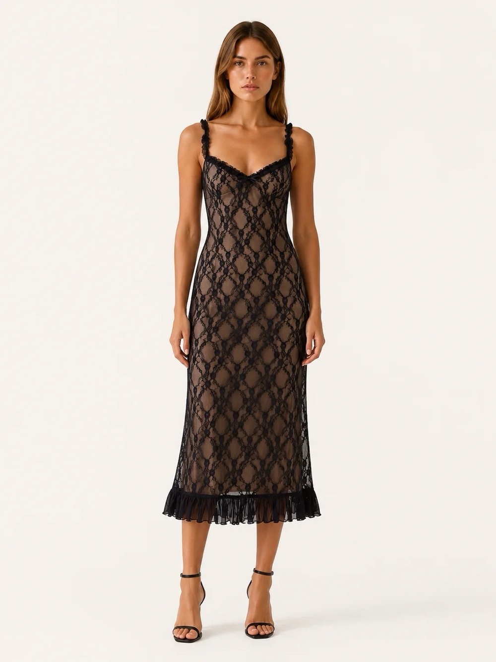 Commense Lace Patchwork Cami Midi Dress Black Nude NWT